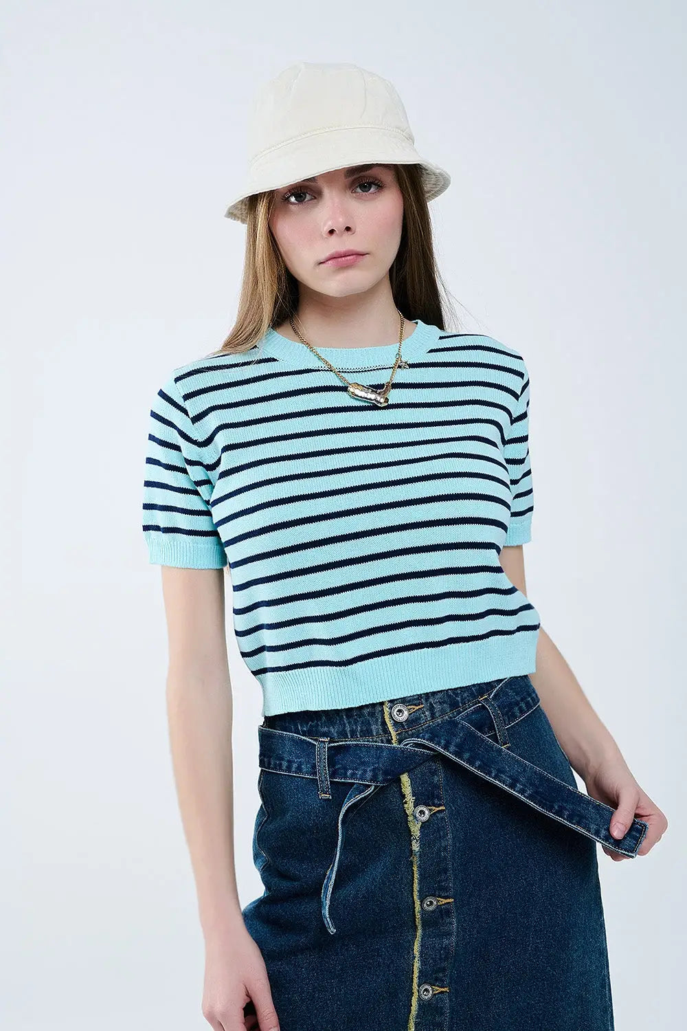Mint Green Crop Sweater with navy Stripes - Sweaters