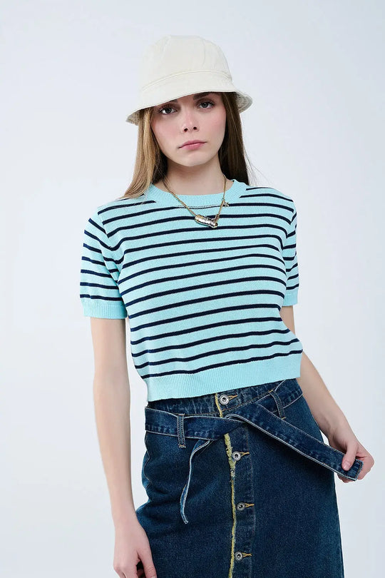 Mint Green Crop Sweater with navy Stripes - Sweaters