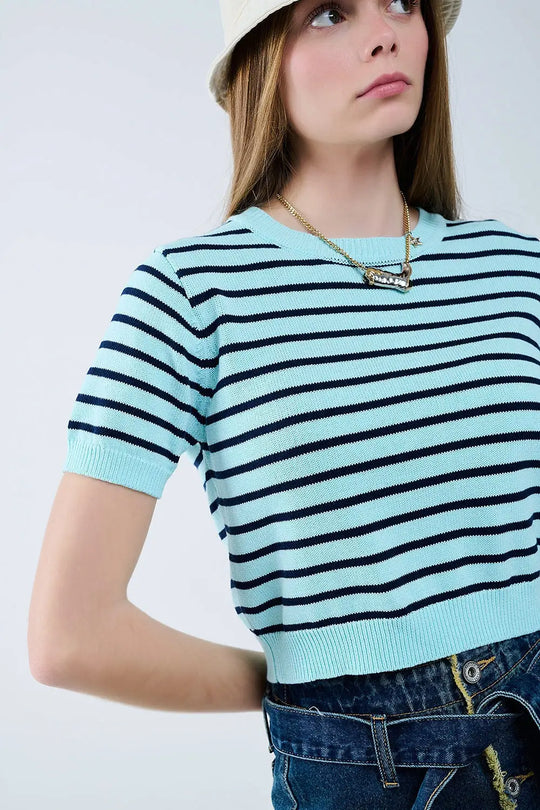 Mint Green Crop Sweater with navy Stripes - Sweaters