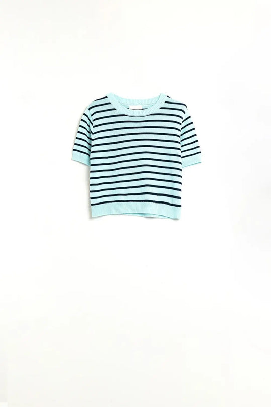 Mint Green Crop Sweater with navy Stripes - Sweaters