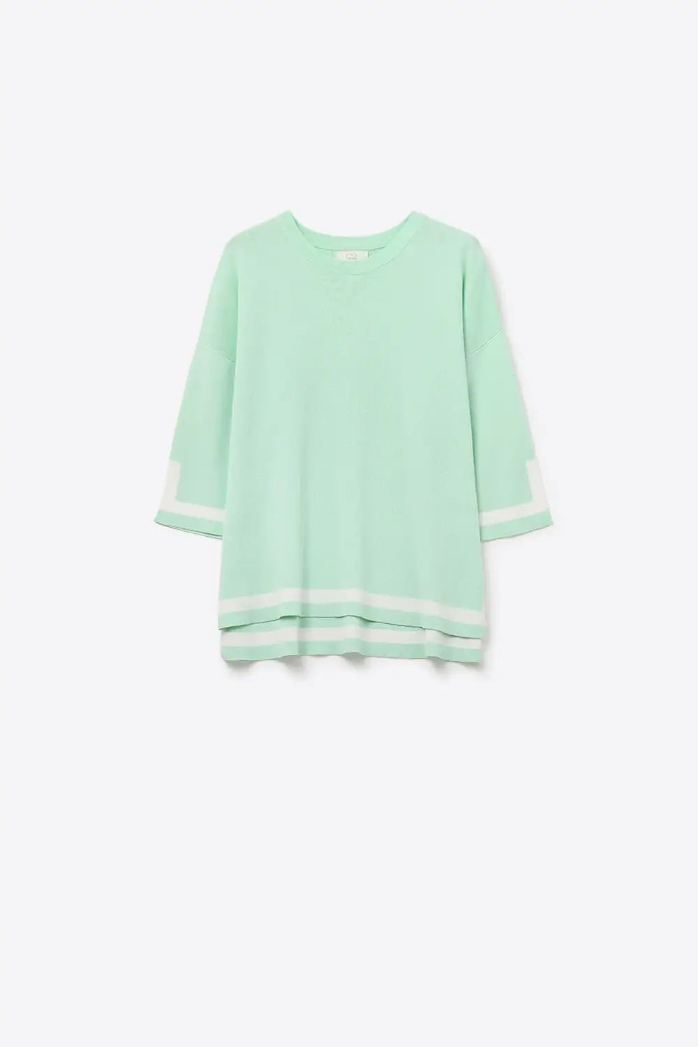 Q2 Mint green Fine Knit sweater with Contrast Stripe in white Detail and 3/4 Sleeves