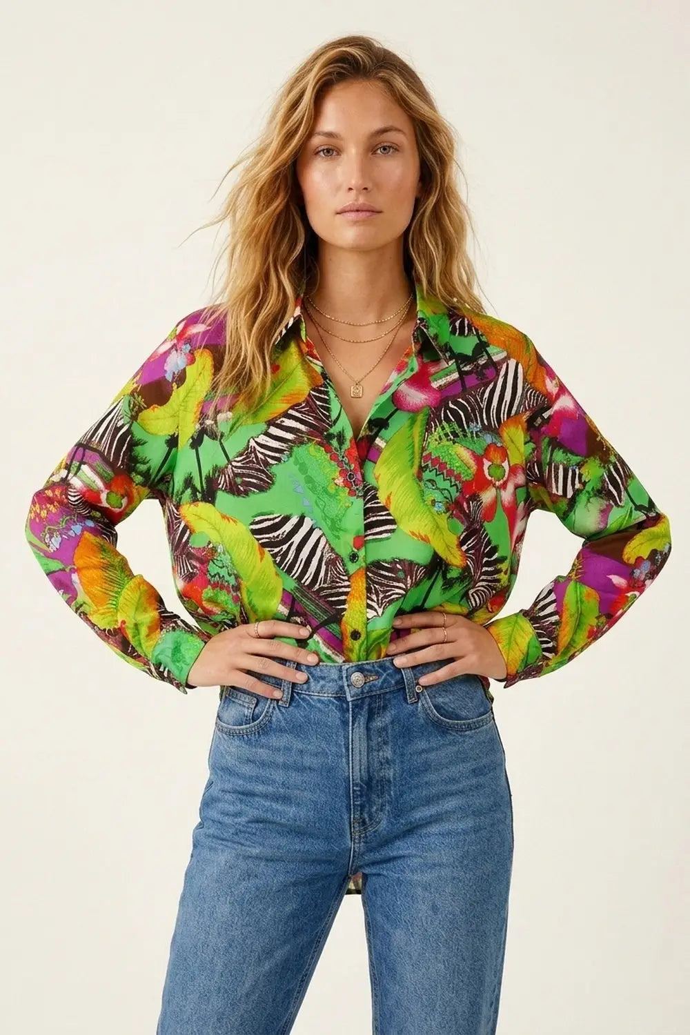 Q2 Multi Green Vibrant Tropical Print Button-Up Shirt in satin fabric
