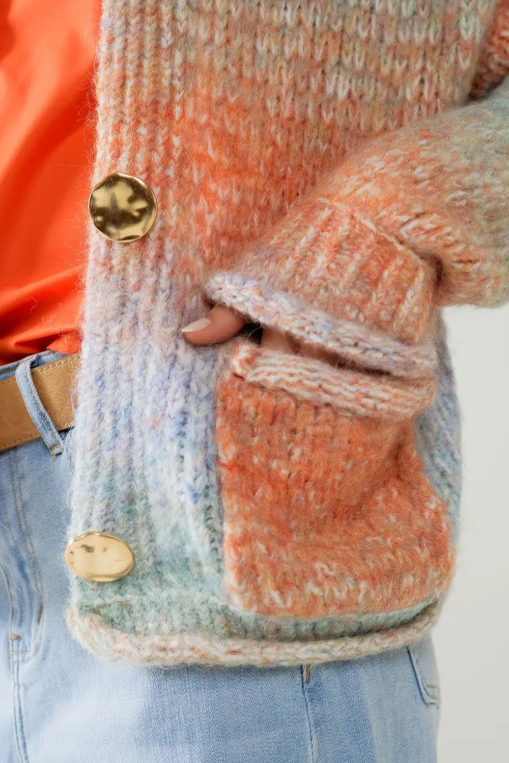 Multicolor Knit Cardigan with 3 Gold Buttons - One Size / Orange - Sweaters