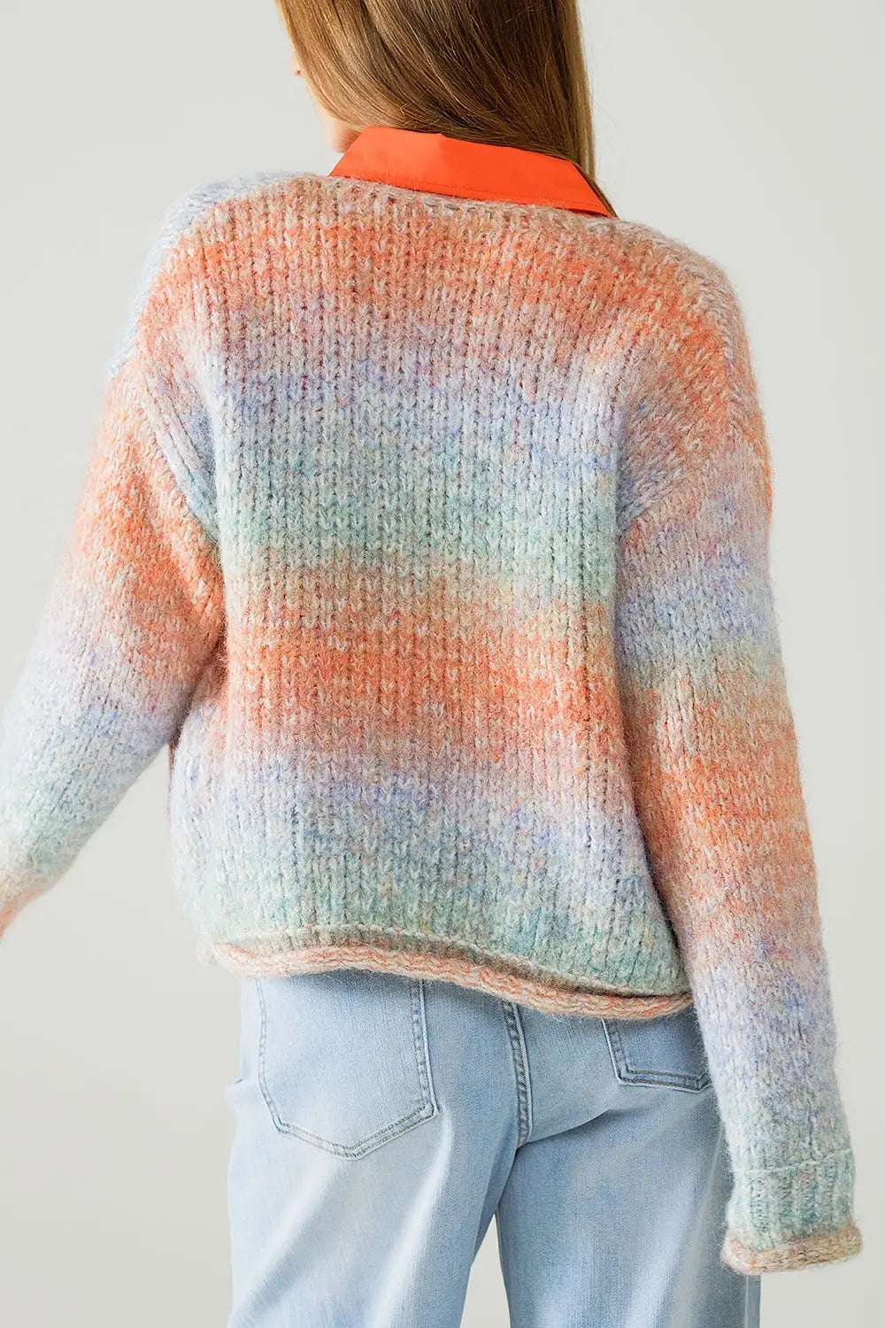 Multicolor Knit Cardigan with 3 Gold Buttons - One Size / Orange - Sweaters