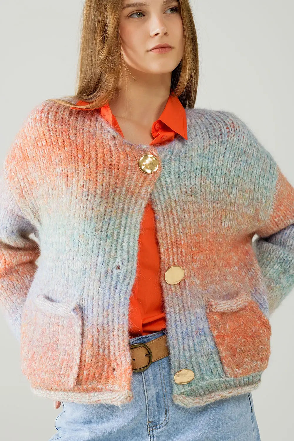 Multicolor Knit Cardigan with 3 Gold Buttons - One Size / Orange - Sweaters