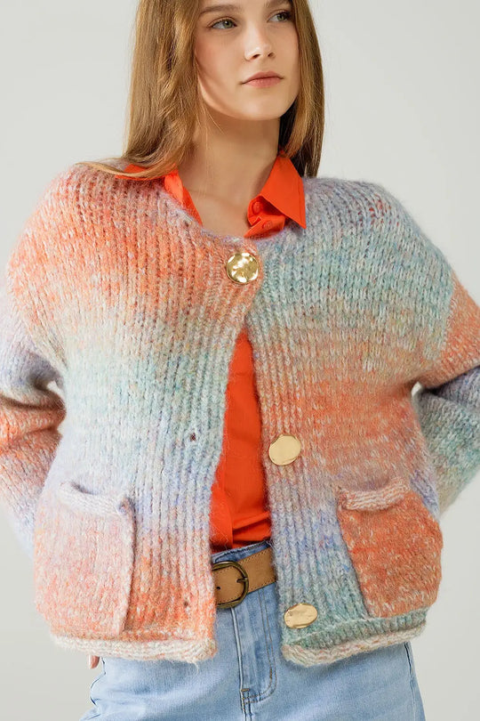 Multicolor Knit Cardigan with 3 Gold Buttons - One Size / Orange - Sweaters