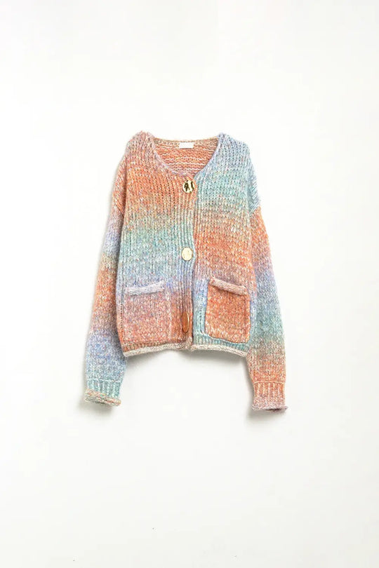 Multicolor Knit Cardigan with 3 Gold Buttons - One Size / Orange - Sweaters