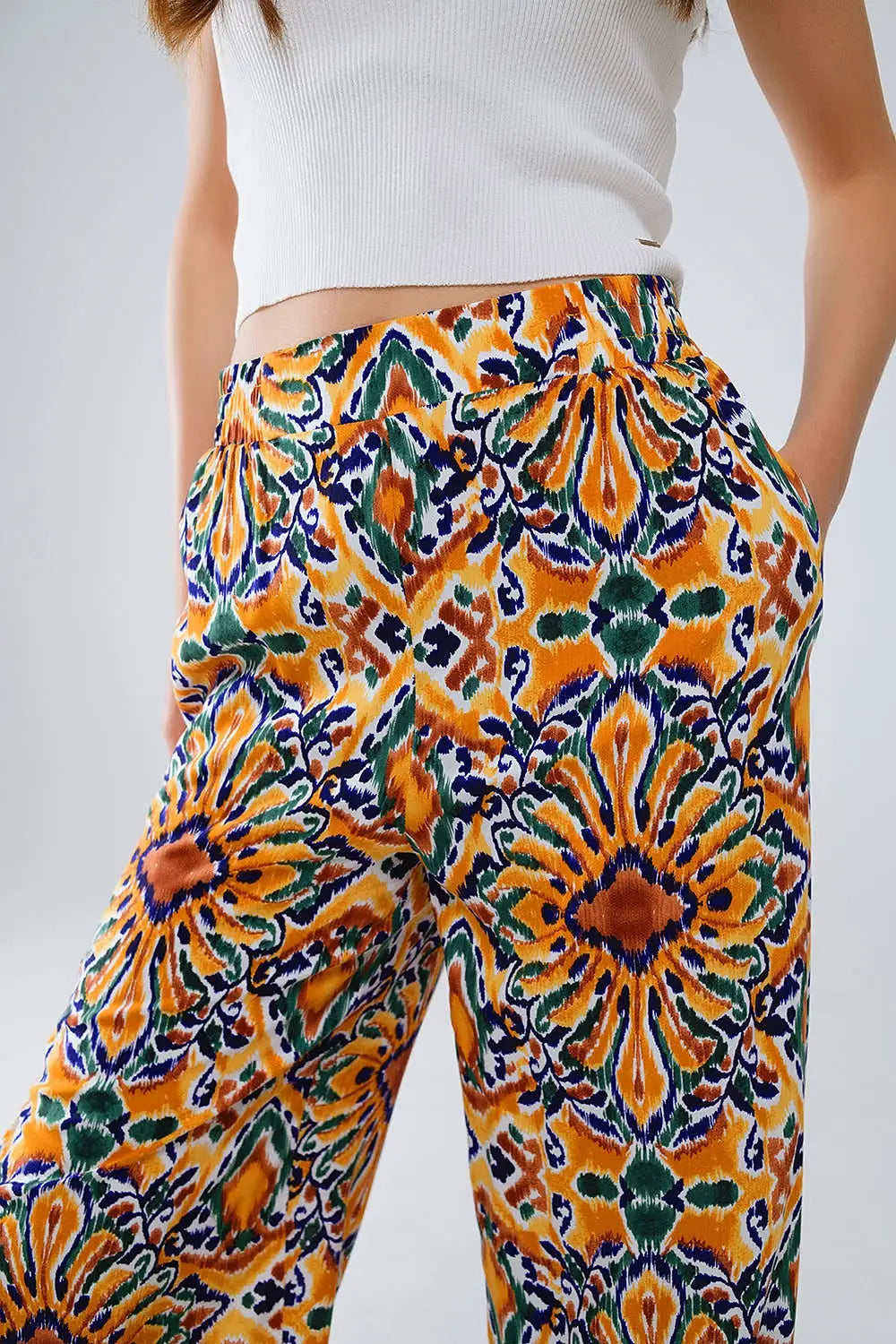 Multicolor Pants With Flower Print In Orange And Blue - Pants