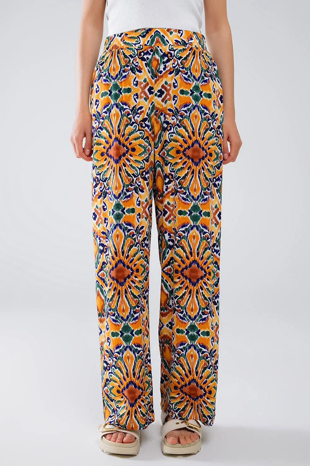 Multicolor Pants With Flower Print In Orange And Blue - Pants