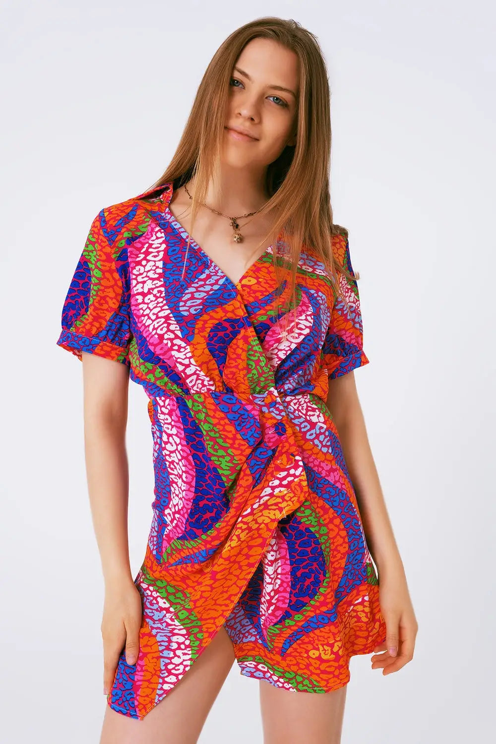 multicolor printed wrap mini dress in pink - Dresses