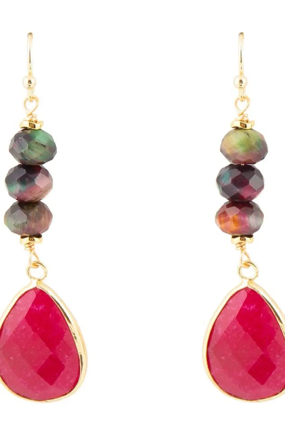 Jeweled Multicolor Tiger’s Eye and Pink Agate Golden Drop Earrings - Earrings