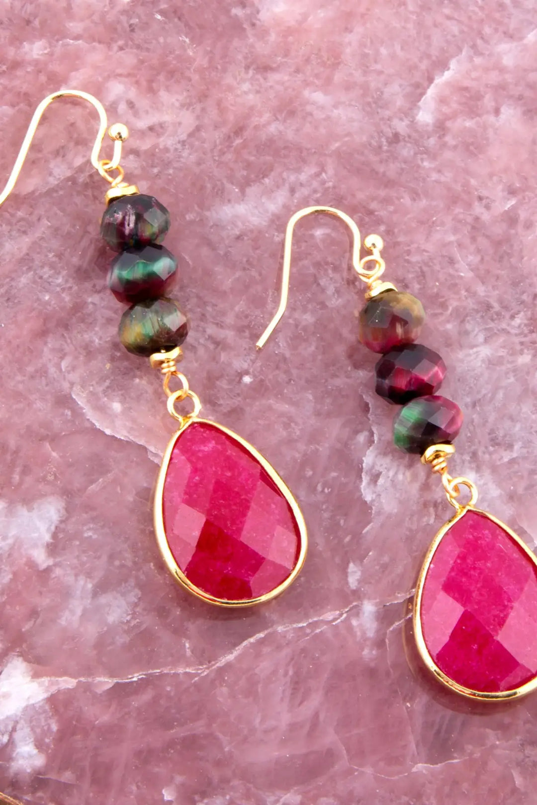 Jeweled Multicolor Tiger’s Eye and Pink Agate Golden Drop Earrings - Earrings