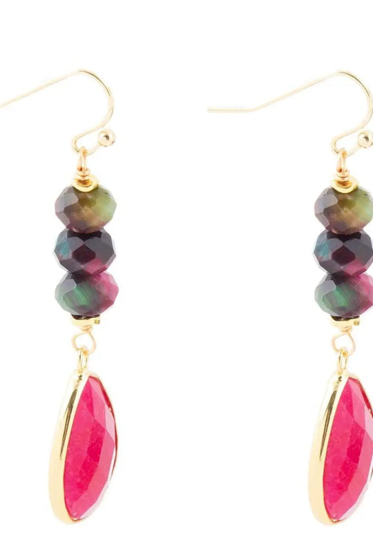 Jeweled Multicolor Tiger’s Eye and Pink Agate Golden Drop Earrings - Earrings