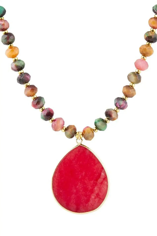 Jeweled Multicolor Tiger’s Eye and Pink Jade Pendant Golden Necklace - Necklaces