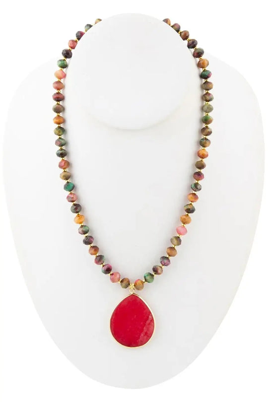 Jeweled Multicolor Tiger’s Eye and Pink Jade Pendant Golden Necklace - Necklaces