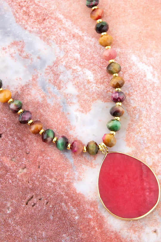 Jeweled Multicolor Tiger’s Eye and Pink Jade Pendant Golden Necklace - Necklaces