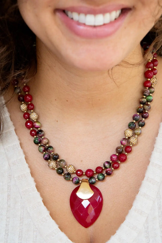 Jeweled Multi-Color Tiger’s Eye and Rasberry Quartz Pendant Golden Necklace - Necklaces