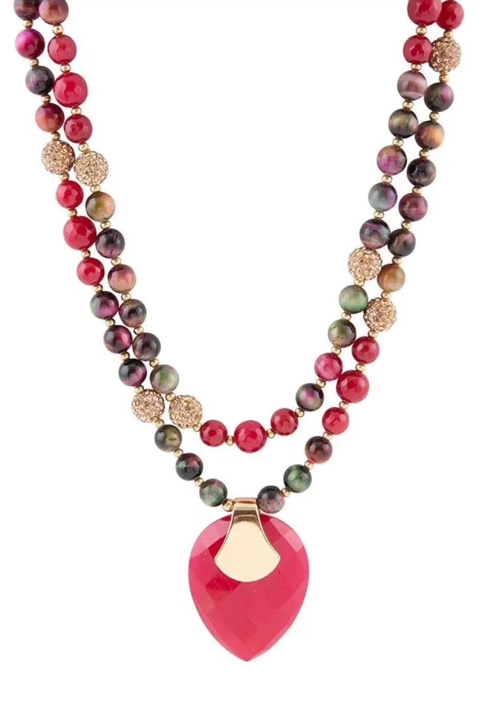 Jeweled Multi-Color Tiger’s Eye and Rasberry Quartz Pendant Golden Necklace - Necklaces