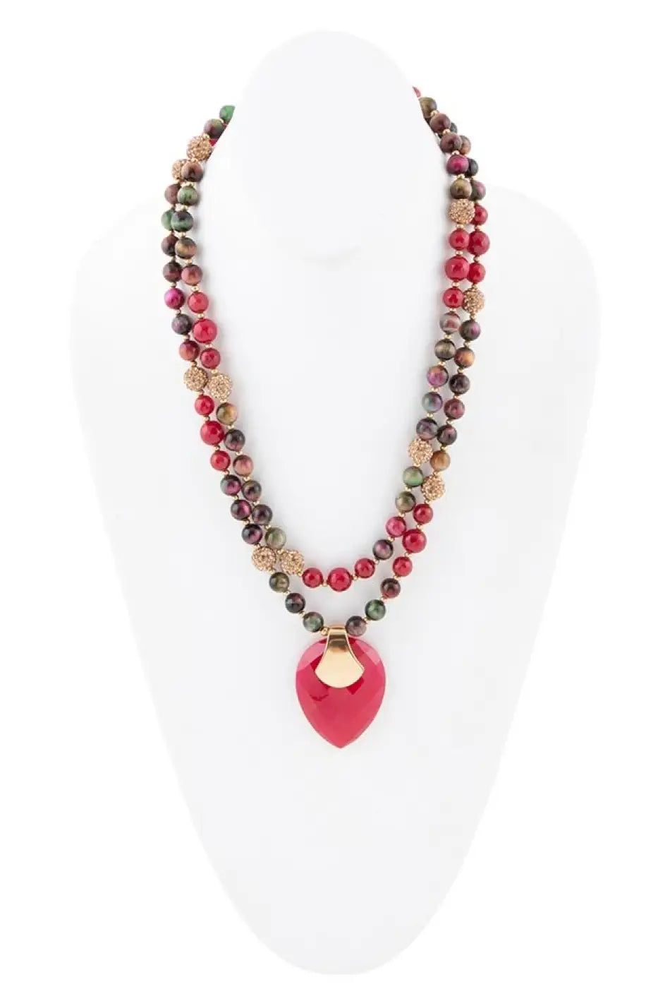 Jeweled Multi-Color Tiger’s Eye and Rasberry Quartz Pendant Golden Necklace - Necklaces