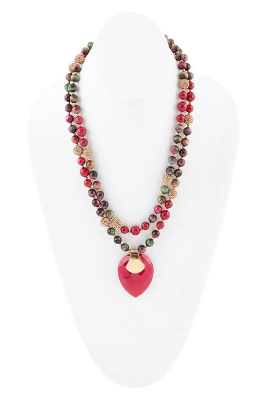 Jeweled Multi-Color Tiger’s Eye and Rasberry Quartz Pendant Golden Necklace - Necklaces