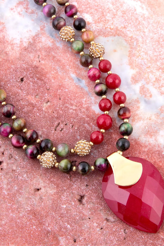 Jeweled Multi-Color Tiger’s Eye and Rasberry Quartz Pendant Golden Necklace - Necklaces