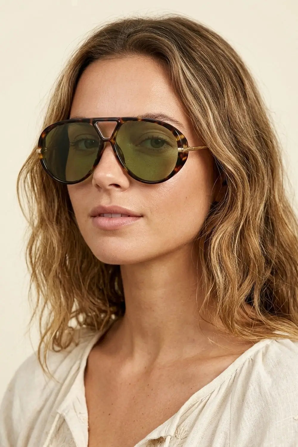 Multicolor Tortoise Acetate Aviator Frame Green Lens Sunglasses - One Size / Green