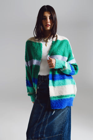 Q2 Multicolored fluffy long cardigan in blue and green