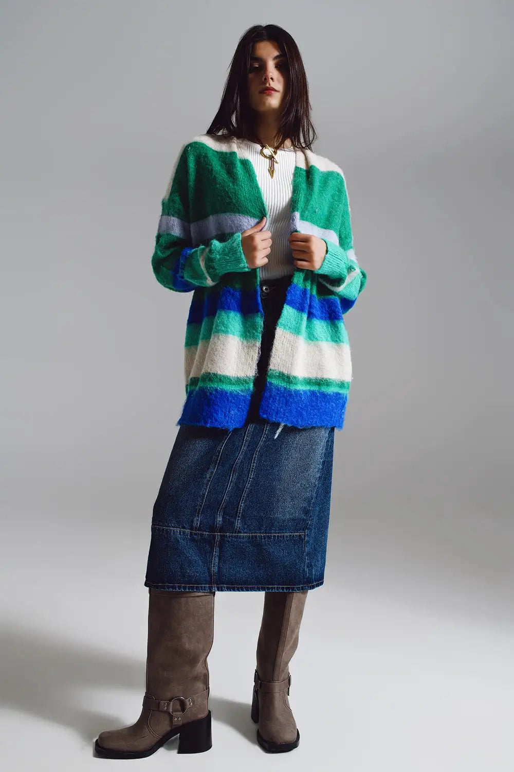 Multicolored fluffy long cardigan in blue and green - One Size / Green - Sweaters