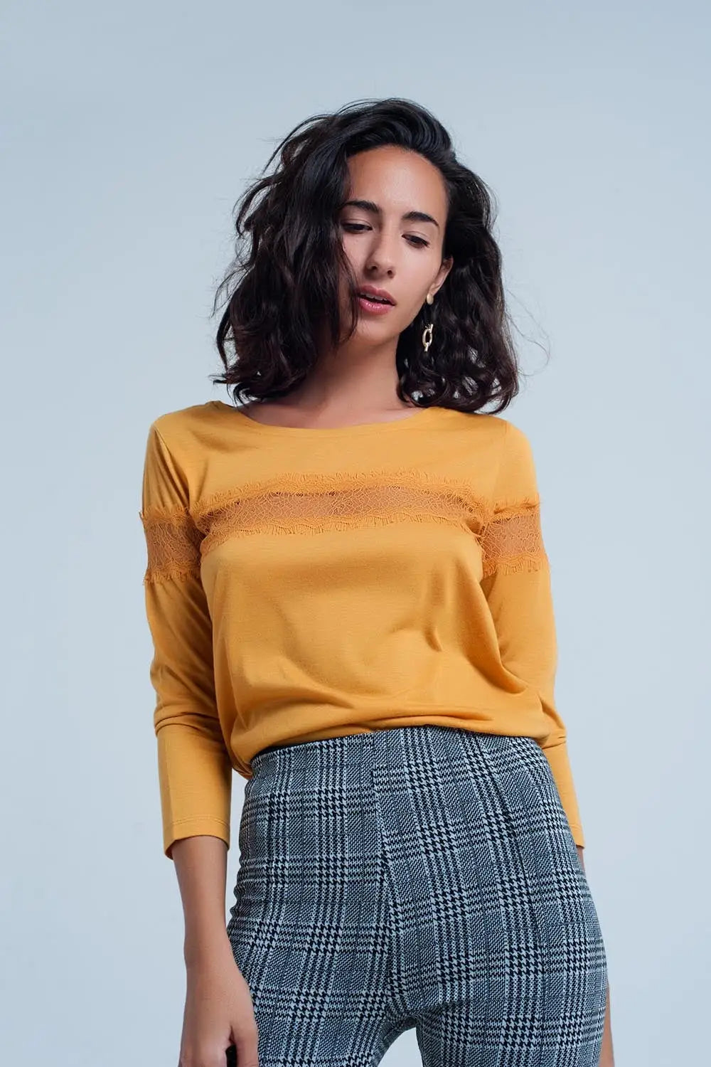 Mustard 3/4 Sleeve T-Shirt With Eyelash Trim - Tops