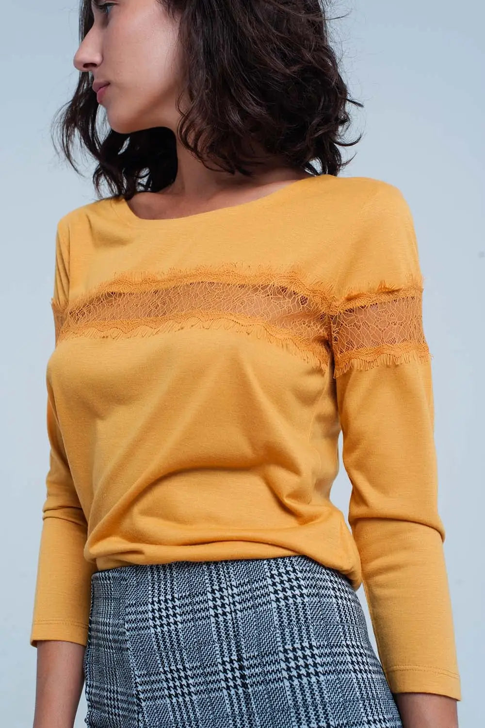 Mustard 3/4 Sleeve T-Shirt With Eyelash Trim - Tops