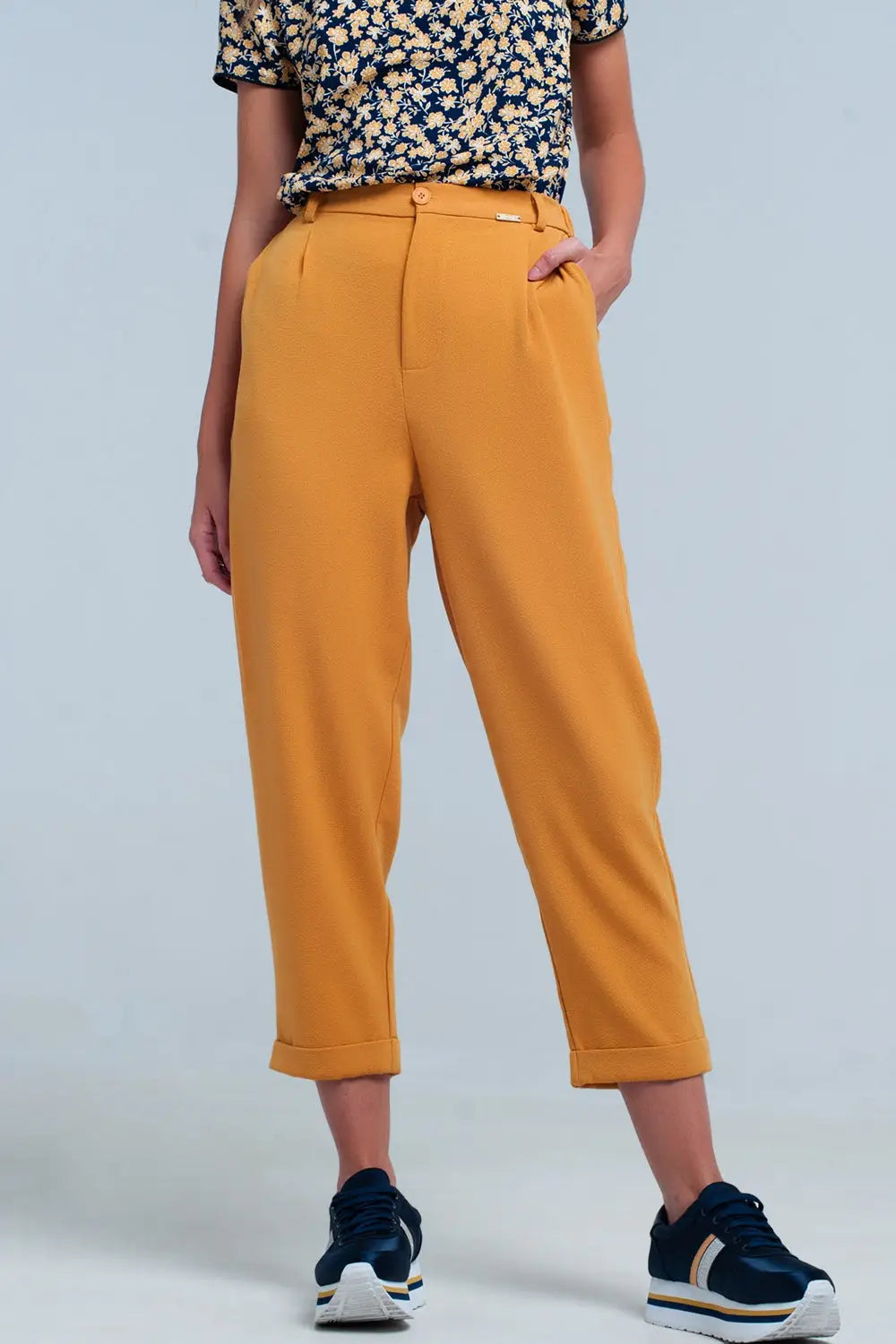 mustard high waisted pants with belt - Pants