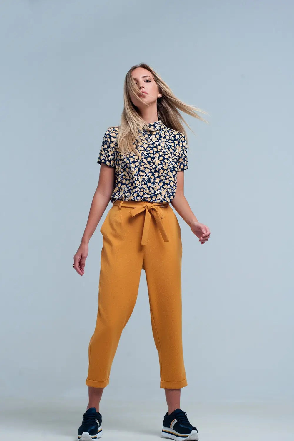 mustard high waisted pants with belt - Pants