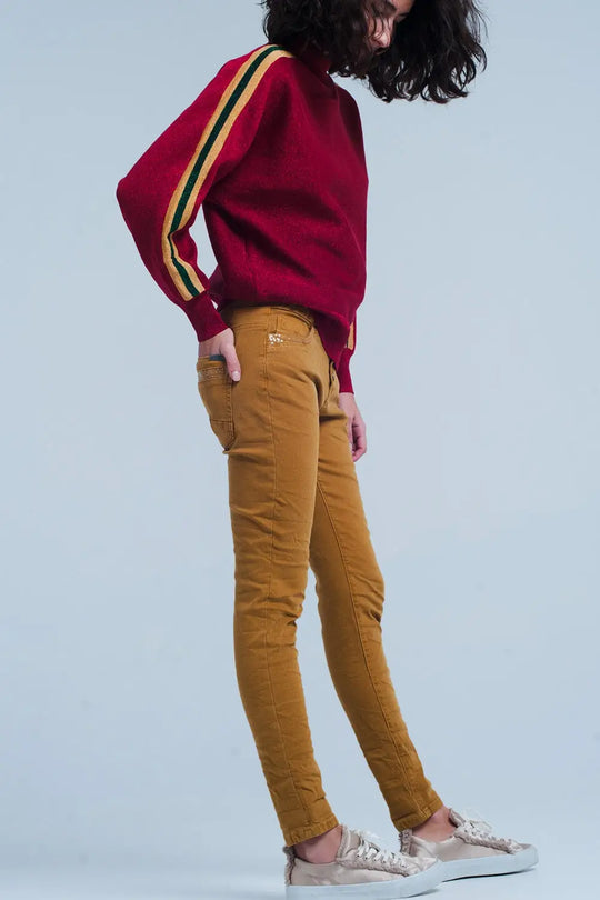 Mustard Skinny Pants with Sequins and Buttons - Jeans