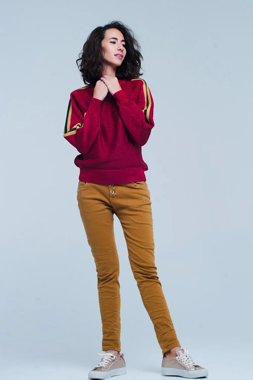 Mustard Skinny Pants with Sequins and Buttons - Jeans