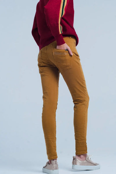 Mustard Skinny Pants with Sequins and Buttons - Jeans