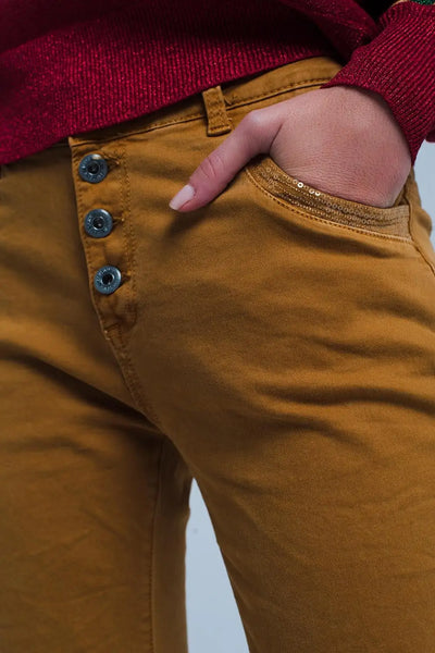 Mustard Skinny Pants with Sequins and Buttons - Jeans