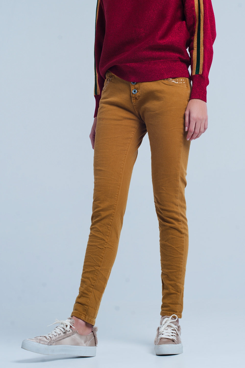 Mustard Skinny Pants with Sequins and Buttons