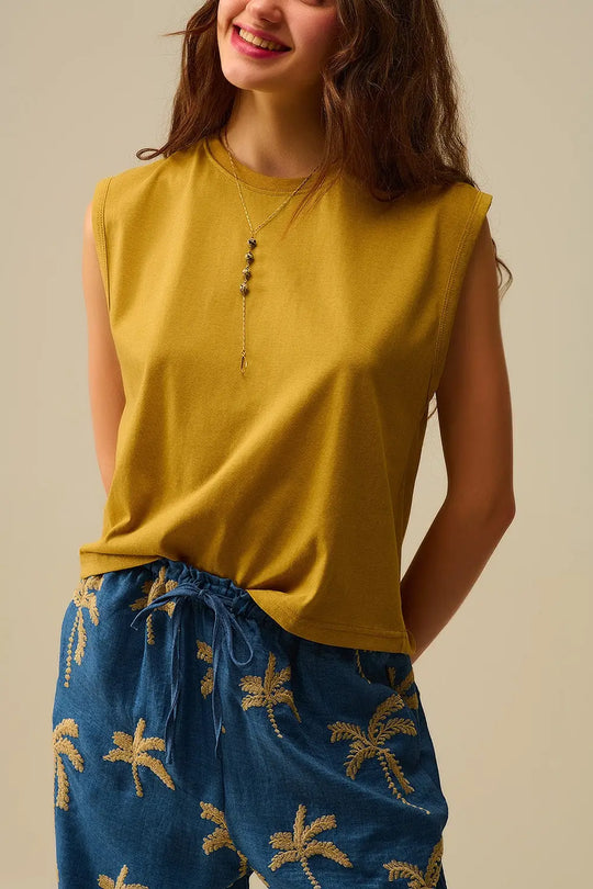 Q2 Mustard Sleeveless cotton t-shirt