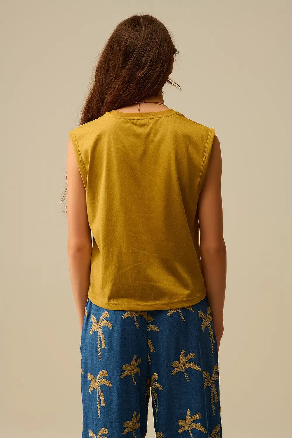 Mustard Sleeveless cotton t-shirt - Tops