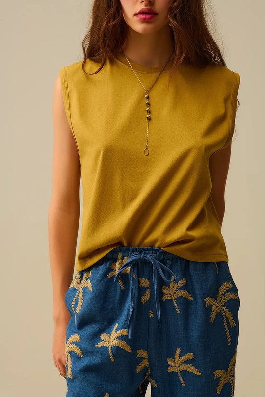 Mustard Sleeveless cotton t-shirt - Tops
