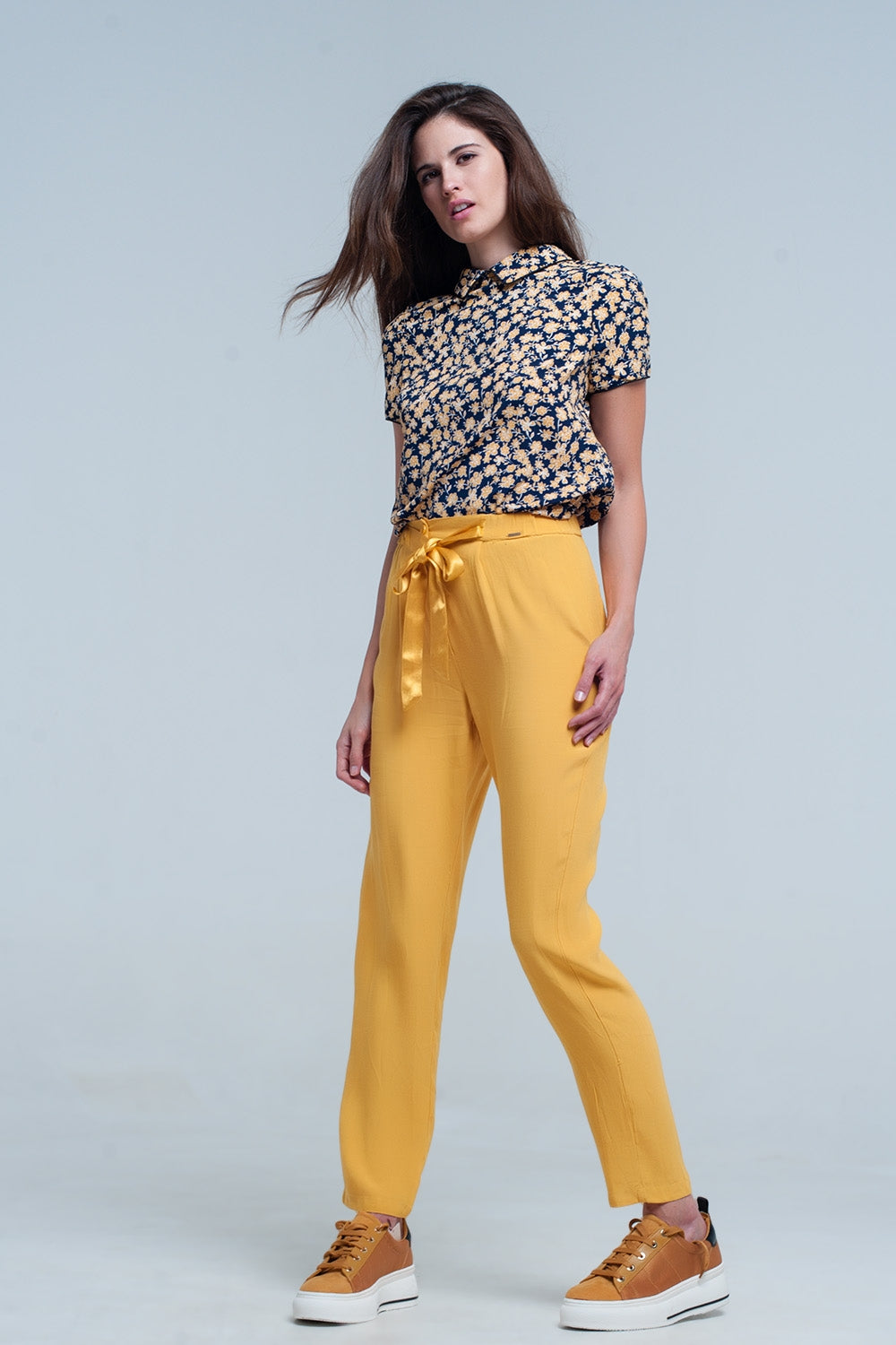 Mustard slim fit pants with satin belt