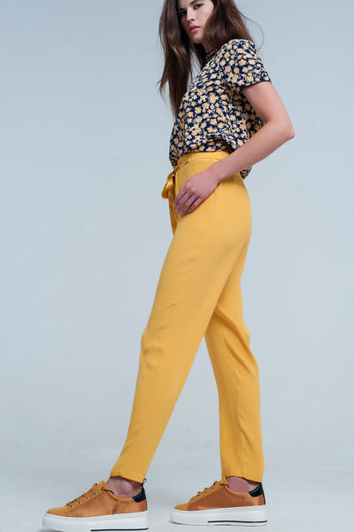 Mustard slim fit pants with satin belt