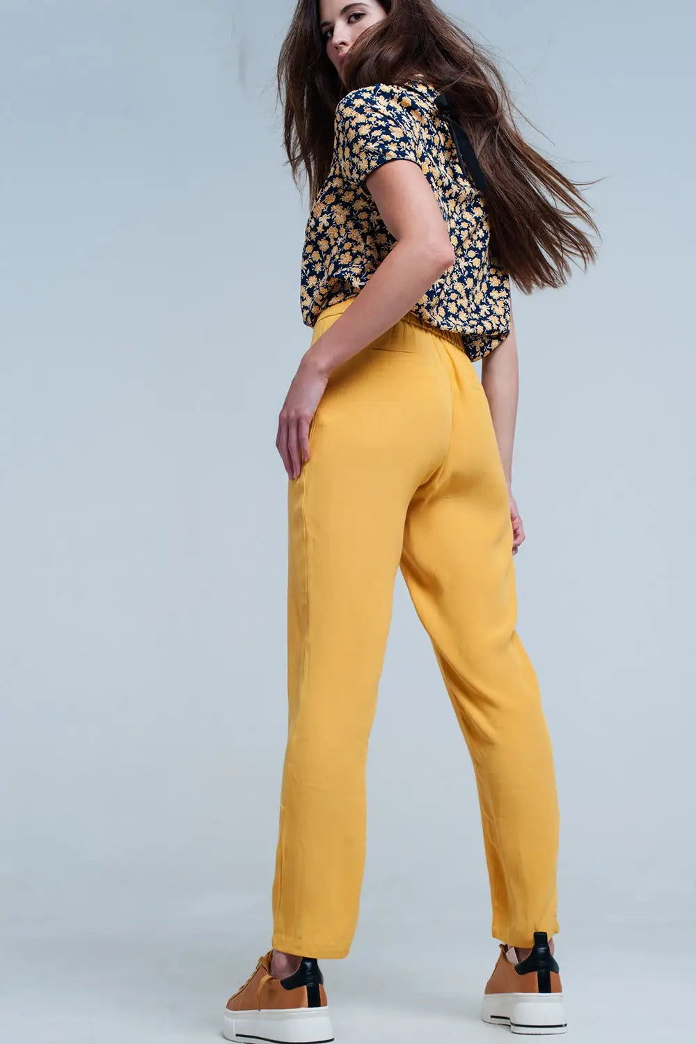 Mustard slim fit pants with satin belt - Pants