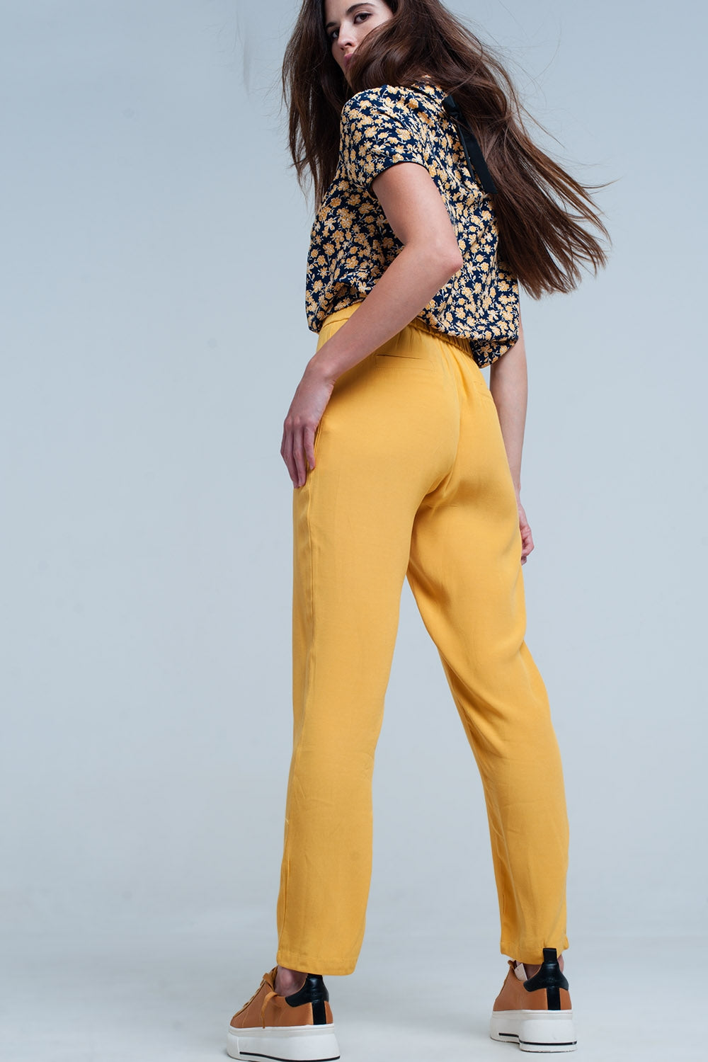 Mustard slim fit pants with satin belt