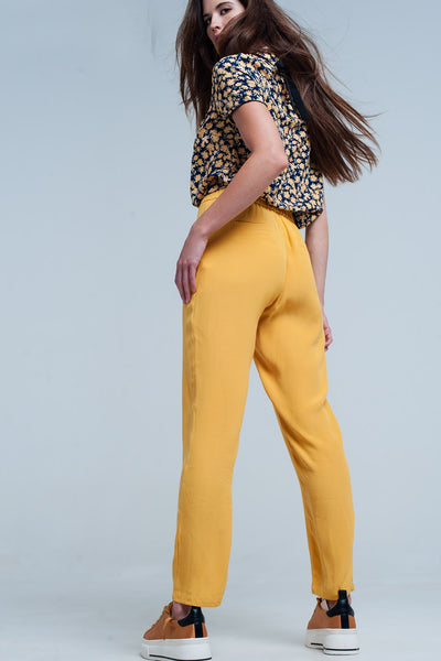 Mustard slim fit pants with satin belt