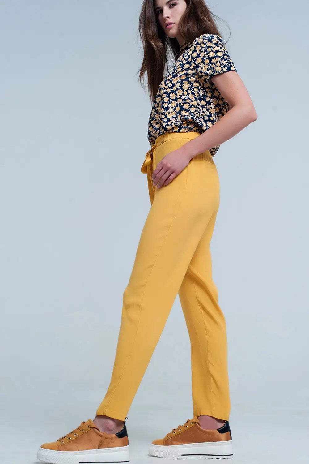 Mustard slim fit pants with satin belt - Pants