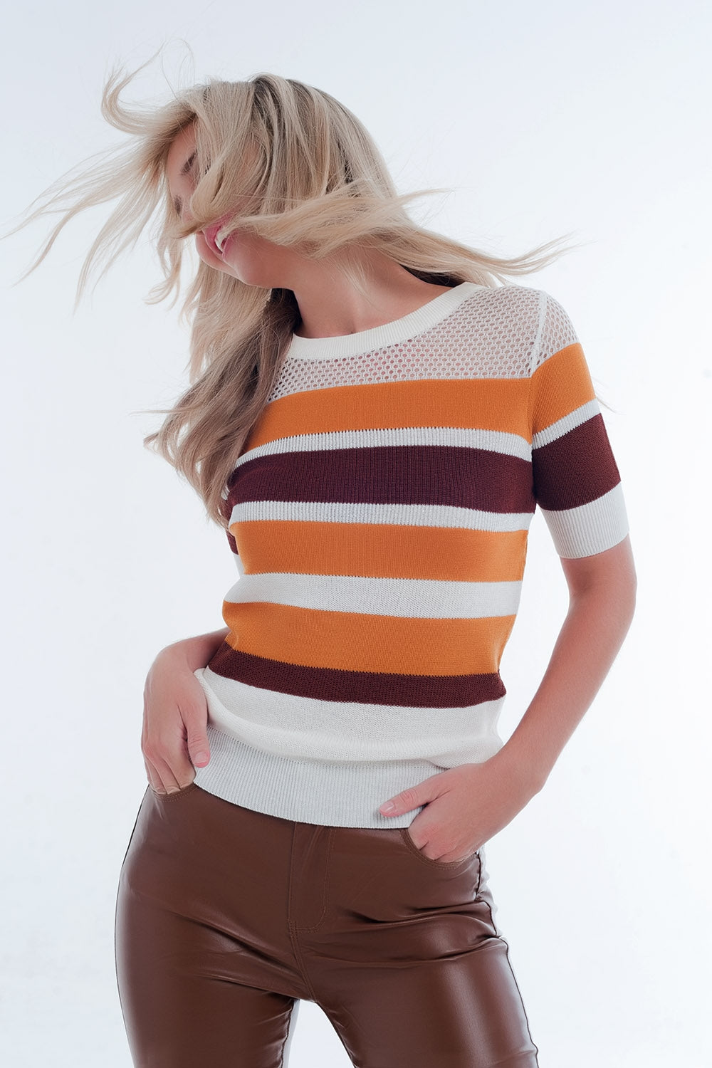 Mustard striped open knit sweater