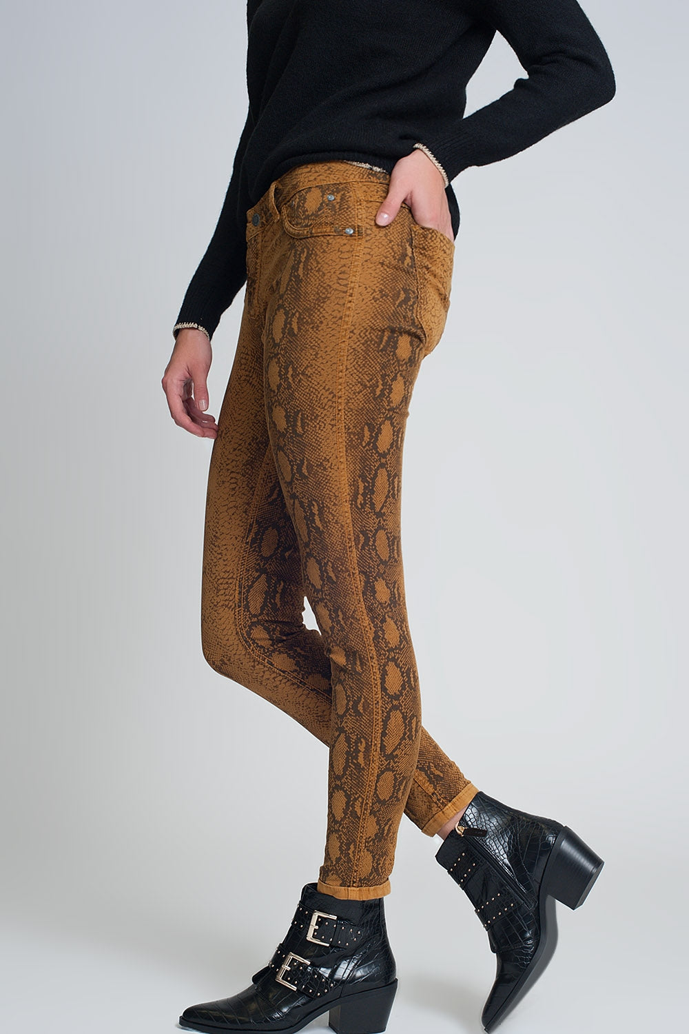 Mustard super skinny reversible pants with snake print