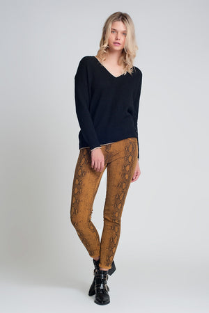 Q2 Mustard super skinny reversible pants with snake print