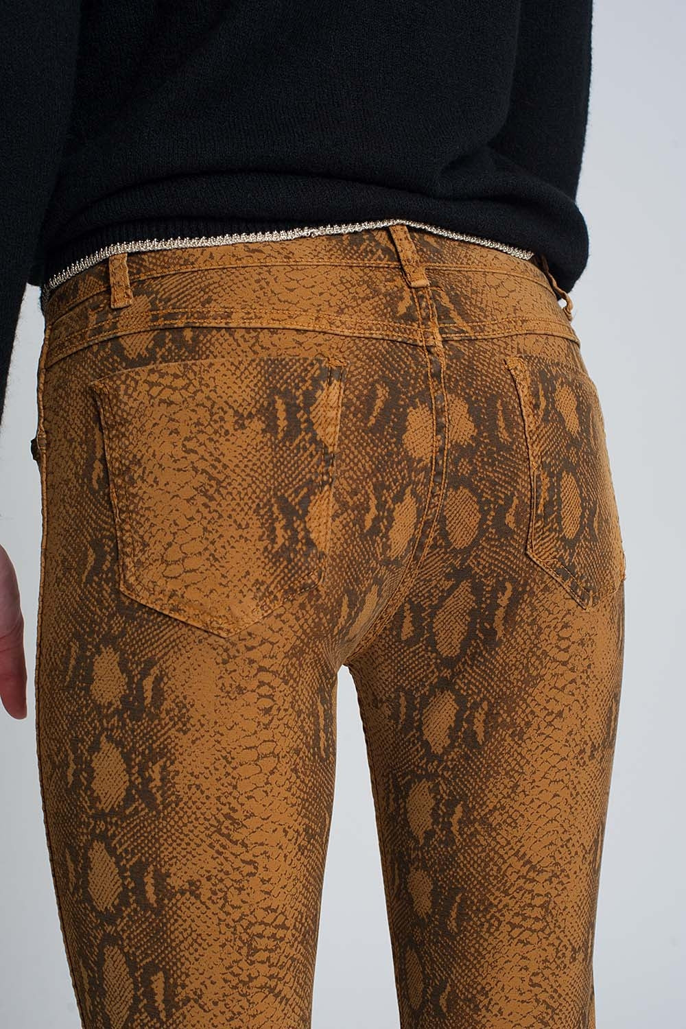 Mustard super skinny reversible pants with snake print